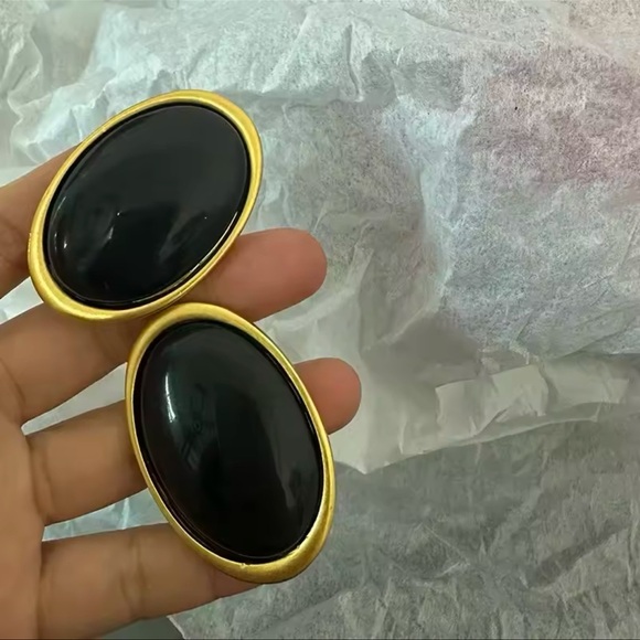 Vintage Oversized Black Brass Oval Statement Earrings - Picture 6 of 14
